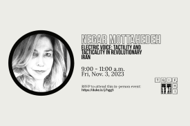 Event flyer. Black text against gray background with photo of Negar Mottahedeh.